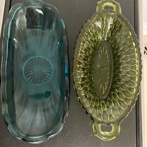 Vintage Blue and Green Glass Dishes